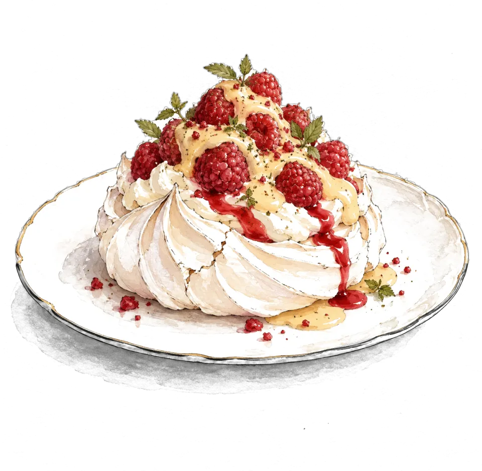 Ink and watercolour drawing of Fresh Raspberry Pavlova